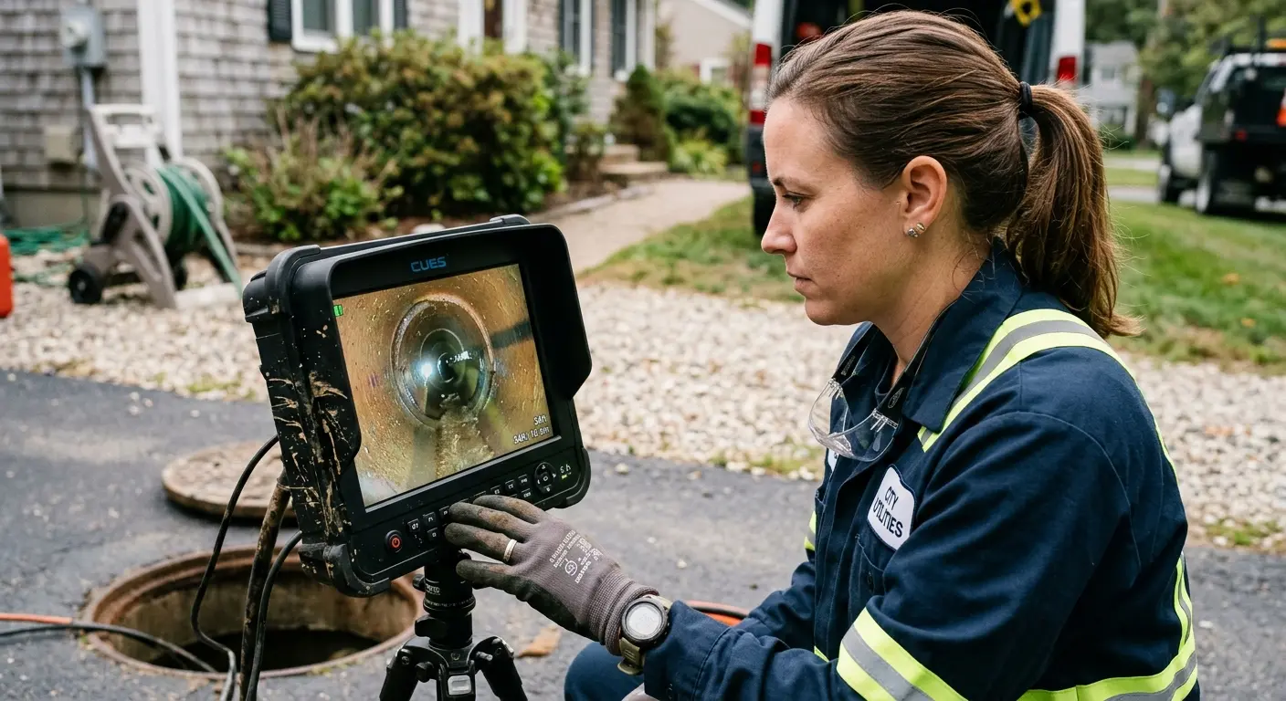 Technician reviewing sewer camera inspection footage in Lochmoor Waterway Estates
