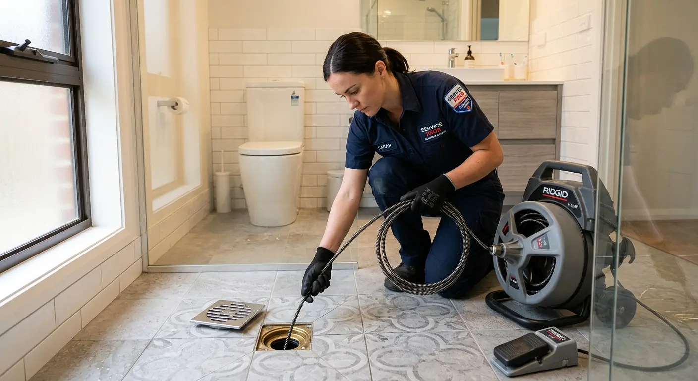 Technician clearing a bathroom floor drain for Sewer Line Installation in Lochmoor Waterway Estates